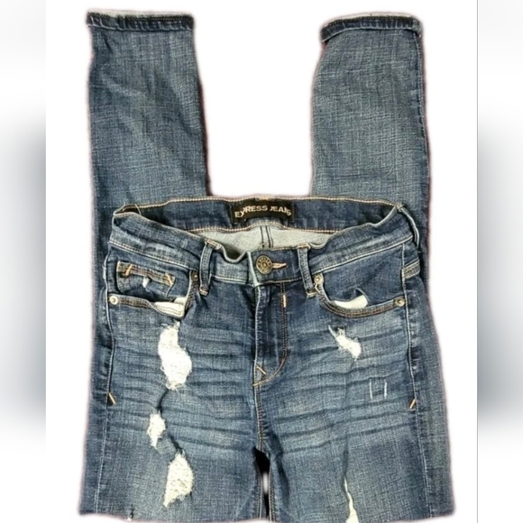 Express Mia Womens Jeans Sz 2 Blue Denim Legging Mid Rise Distressed Pants - Picture 1 of 6